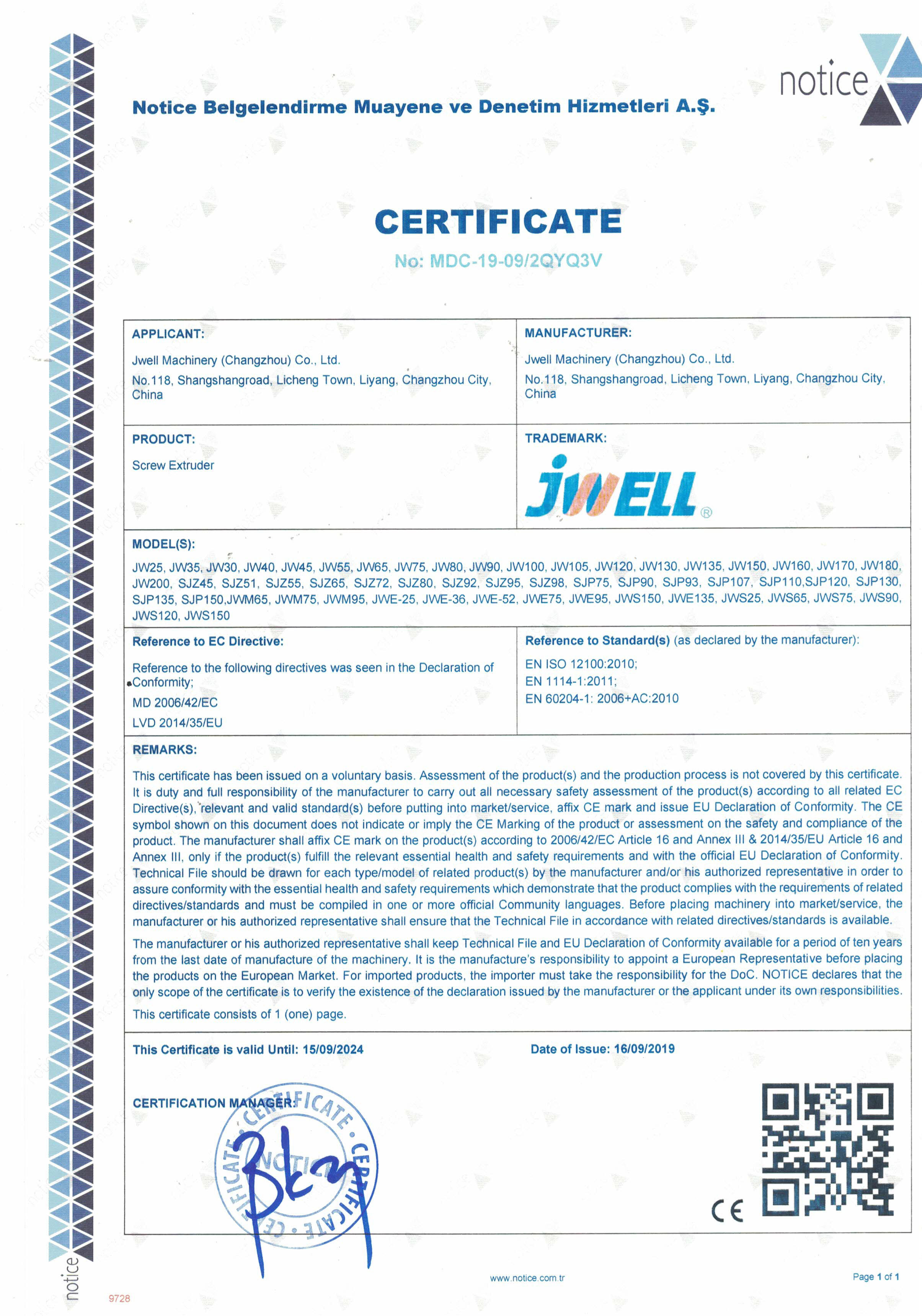 China Jwell Machinery (Changzhou) Co.,ltd. Zertifizierungen
